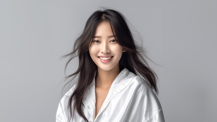 Asian girl with perfect skin and long, luxurious hair poses against a white backdrop, epitomizing beauty and simplicity. Generative AI.