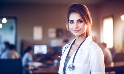 Portret pięknej kobiety lekarki uśmiechniętej, biały fartuch stetoskop i szpital w tle