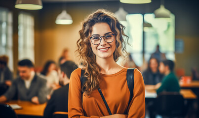 photo, portrait of a beautiful woman taecher in glasses smiling bright classroom in the background...