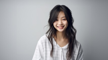 Fototapeta premium Asian girl with perfect skin and long, luxurious hair poses against a white backdrop, epitomizing beauty and simplicity. Generative AI.