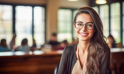 portret pięknej kobiety w okularach, uśmiechniętej, nauczycielka, jasna klasa w tle