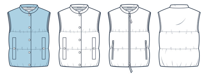Down Jacket Vest technical fashion Illustration. Cropped padded Jacket fashion flat technical drawing template, pockets, zipper, button, front back view, white, blue, women, men, unisex CAD mockup set © Liubov Hladka