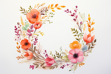 Obraz na płótnie Canvas Colorful Watercolor Flower Wreath, Floral Illustration