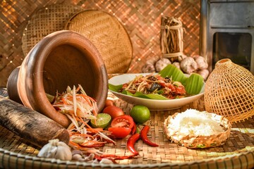 Sticky rice, papaya salad, Som Tam , som tum, thai food, isan food,Thai isan kitchen , som tum lao,...