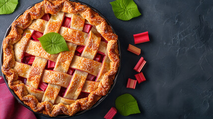 Rhubarb pie from above with rhubarb pieces