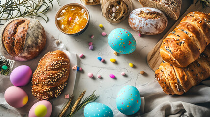 Easter traditional bread, colored eggs on a table, still life. Concept of symbol and celebration of Easter holiday. Close-up. Top view. - Powered by Adobe