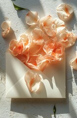 A spray of delicate peach petals scattered over and around an envelope in sunlight