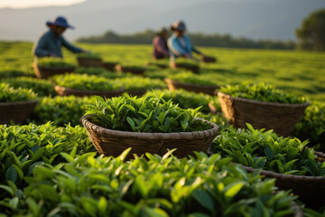 Freshly picked tea leaves in a wicker basket at a tea plantation. Generated by artificial intelligence