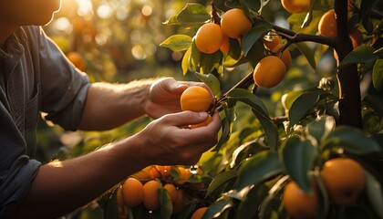 person picking apricots from apricot tree. man picking apricots. apricot picking. apricot season. apricot - obrazy, fototapety, plakaty