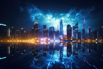 Fototapeta na wymiar Digital wave meets blurry night city: a creative fusion of technology and science.