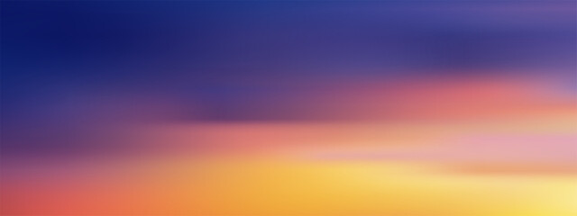 Sunset sky with Motion blurred twilight dusk sky in evening with yellow,orange, pink, red, purple, blue and cloud background,Vector Panoramic surise sky with refraction by the sea beach in Summer