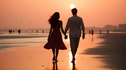 A loving couple is having fun and hugging on the empty sandy sea beach at sunset.