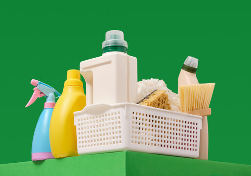 House cleaning concept. Cleanliness and order. Supplies and tools for cleaning.