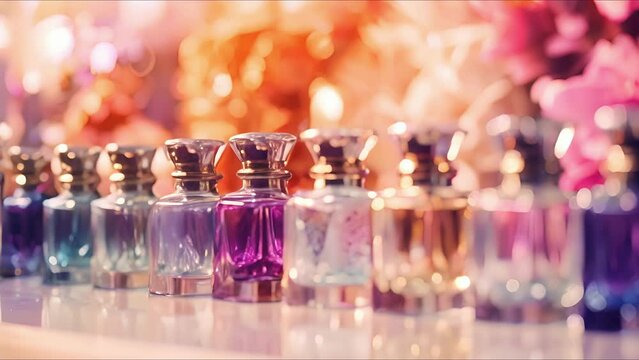 Closeup of a row of different scented perfumes, each one promising a different level of alluring fragrance.