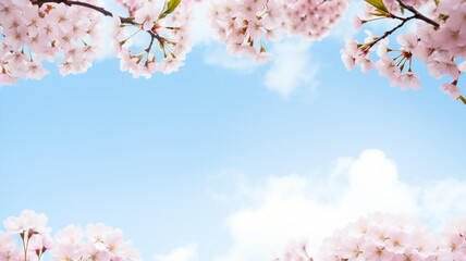 Obraz premium Beautiful bright cherry blossom branch frame in spring with the blue sky in the middle wide space for text