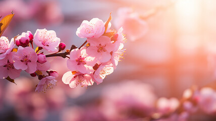 Beautiful pink blossom nature scene with blooming tree with sunrise