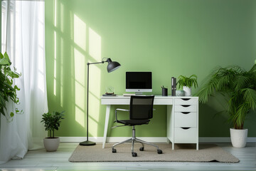 Modern Home Office: Sleek Desk Setup with Green Accent Wall