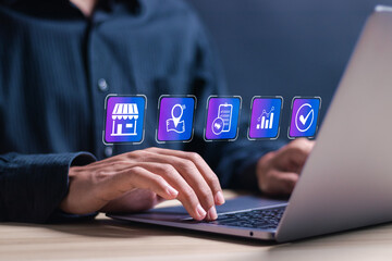 Franchise business concept, Businessman use laptop with virtual screen of franchise network...