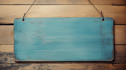 Blank wooden sign hanging on an old blue wooden door.