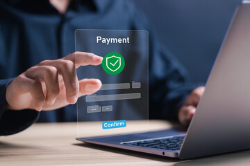 Digital online payment concept. Businessman using laptop to online payment, banking and online shopping. financial transaction.