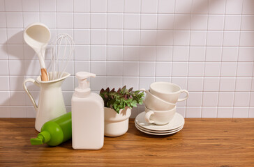 Modern dinnerware, plants and cleaning supplies for dish washing. Copy space for text.