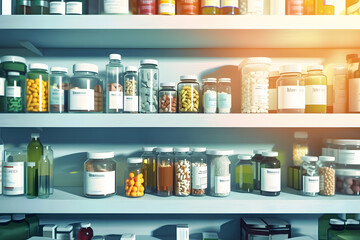 pharmacy shelves with medicines, jars with pills and bottles with medicines,