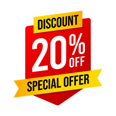Special offer discounts 20 percent off. Red and yellow template on white background. Vector illustration