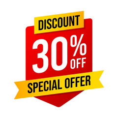 Special offer discounts 30 percent off. Red and yellow template on white background. Vector illustration