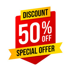 Special offer discounts 50 percent off. Red and yellow template on white background. Vector illustration