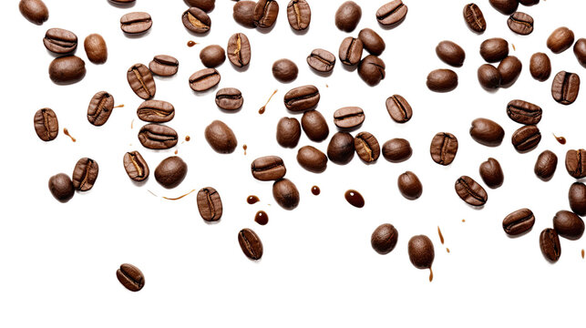 Falling coffee beans isolated on a white transparent a white background