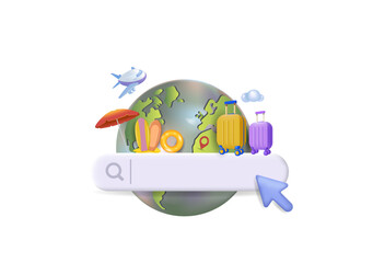 
The search bar. Booking tickets online.
Tourism, business trips, travel, holidays abroad. 3d vector, free space to copy.
