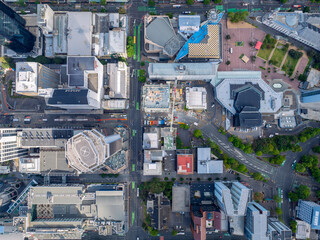 Top down aerial shot of Aotea centre and town hall, Auckland, New Zealand 