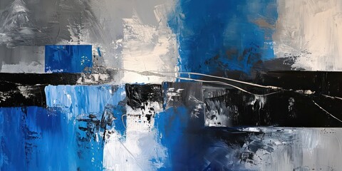 Abstract painting in shades of blue, black, and white background.