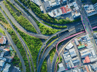 Top down shot of motorway, Auckland, New Zealand