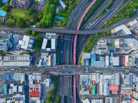 Top down shot of motorway, Auckland, New Zealand