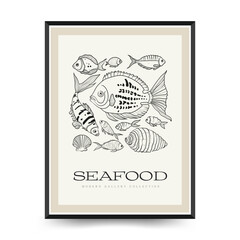 Underwater world, ocean, sea, fish and shells vertical flyer or poster template. Modern trendy Matisse minimal style. 