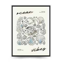 Underwater world, ocean, sea, fish and shells vertical flyer or poster template. Modern trendy Matisse minimal style. 