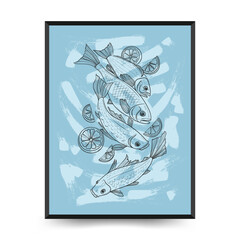 Underwater world, ocean, sea, fish and shells vertical flyer or poster template. Modern trendy Matisse minimal style. 
