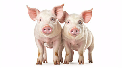 Two cute pigs isolated on white background. Studio shot. Side view.