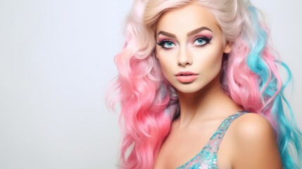 Fototapeta premium Mermaid with fluorescent glittery makeup, white, pink and blue hair, portrait, background, copy space