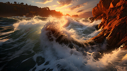Fantastic big rocks and ocean waves at sundown time. Dramatic scene. - obrazy, fototapety, plakaty