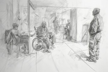 A sketch illustrating the specific challenges faced by individuals with disabilities in healthcare settings. The scene includes depictions of inaccessible infrastructure and communication barriers