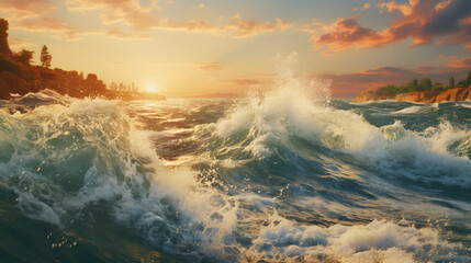 Fantastic big rocks and ocean waves at sundown time. Dramatic scene.