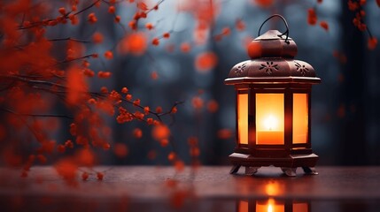 Lantern on wooden background with bokeh defocused lights.