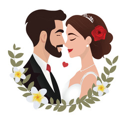 bride and groom kissing in wedding vector illustration