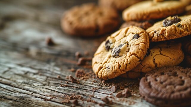 Chocolate chip cookies piled on a wooden surface