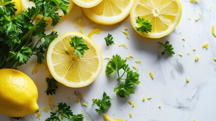 Bright lemons and parsley arranged artistically on white