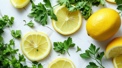 Bright yellow lemons and green parsley leaves arranged on a white background