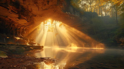 waterfall in the cave, sunny 