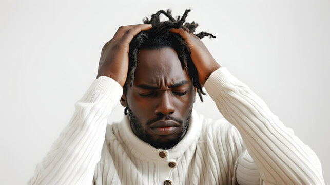 Handsome black man clutching holding his head in worry with white studio background, worried stress headache depression concept